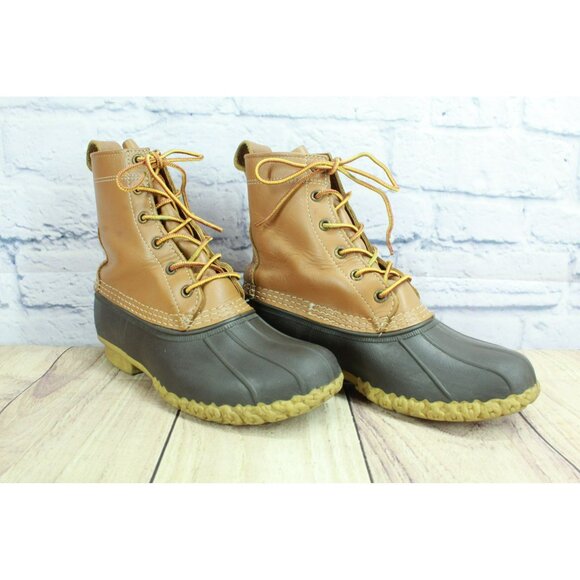 LL Bean Brown Leather Lace Up Round Toe 8" Unlined Ankle Duck Boots Size 7 M - Picture 3 of 10